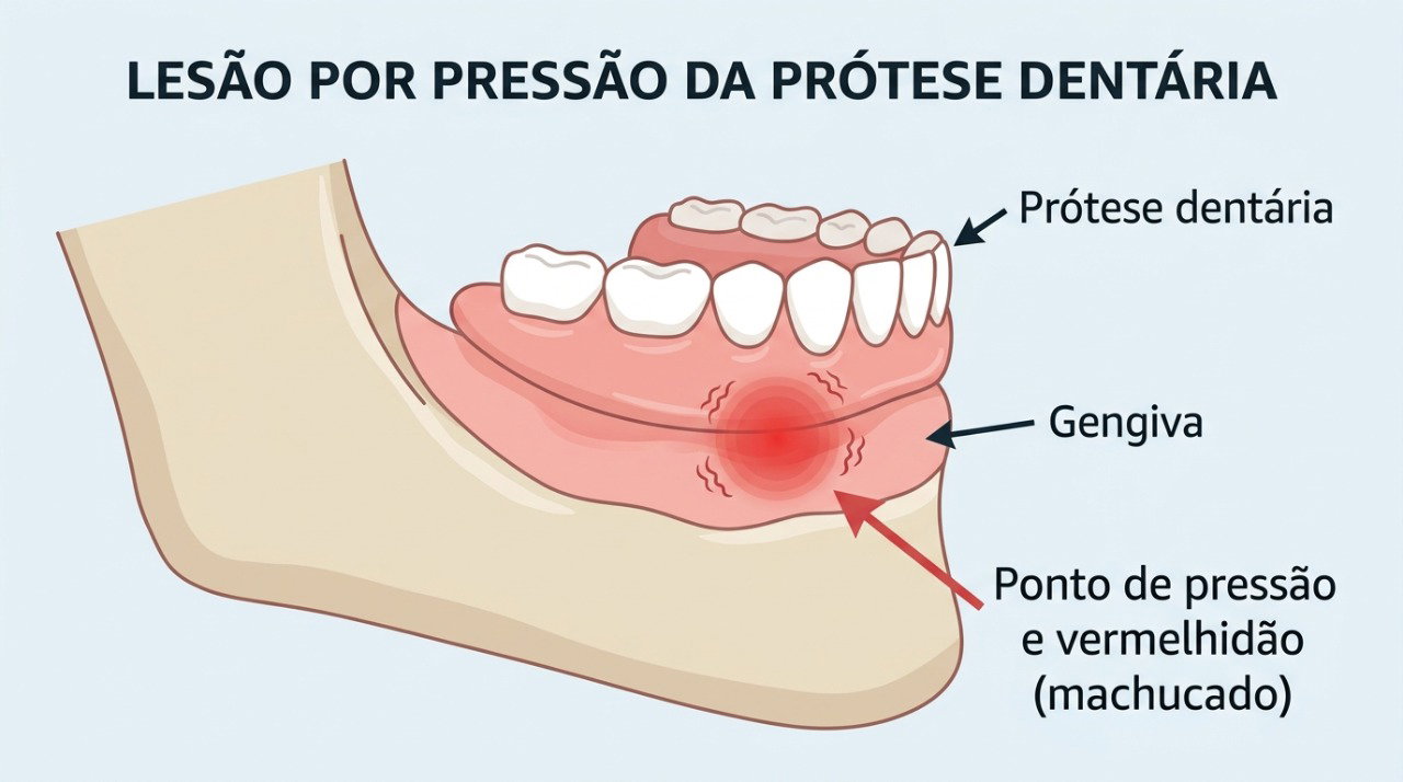 Mudanças na gengiva e no osso podem fazer a dentadura concentrar pressão em um ponto e causar feridas.