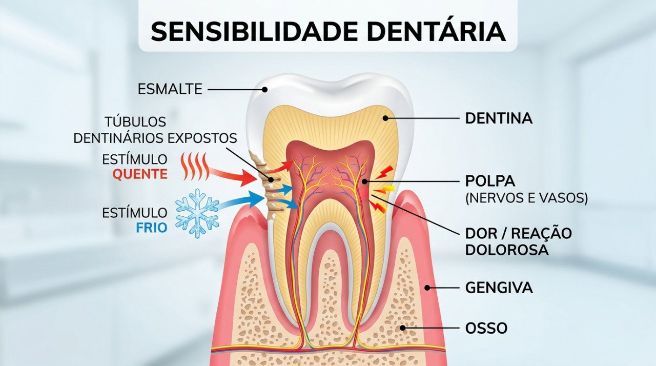Quando a dentina fica exposta, frio e calor podem alcançar regiões mais sensíveis e provocar dor.