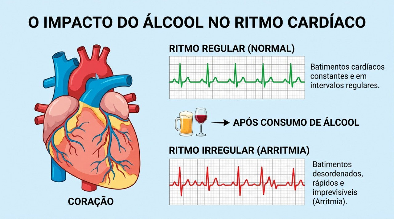 O álcool pode favorecer alterações do ritmo cardíaco em algumas pessoas suscetíveis.