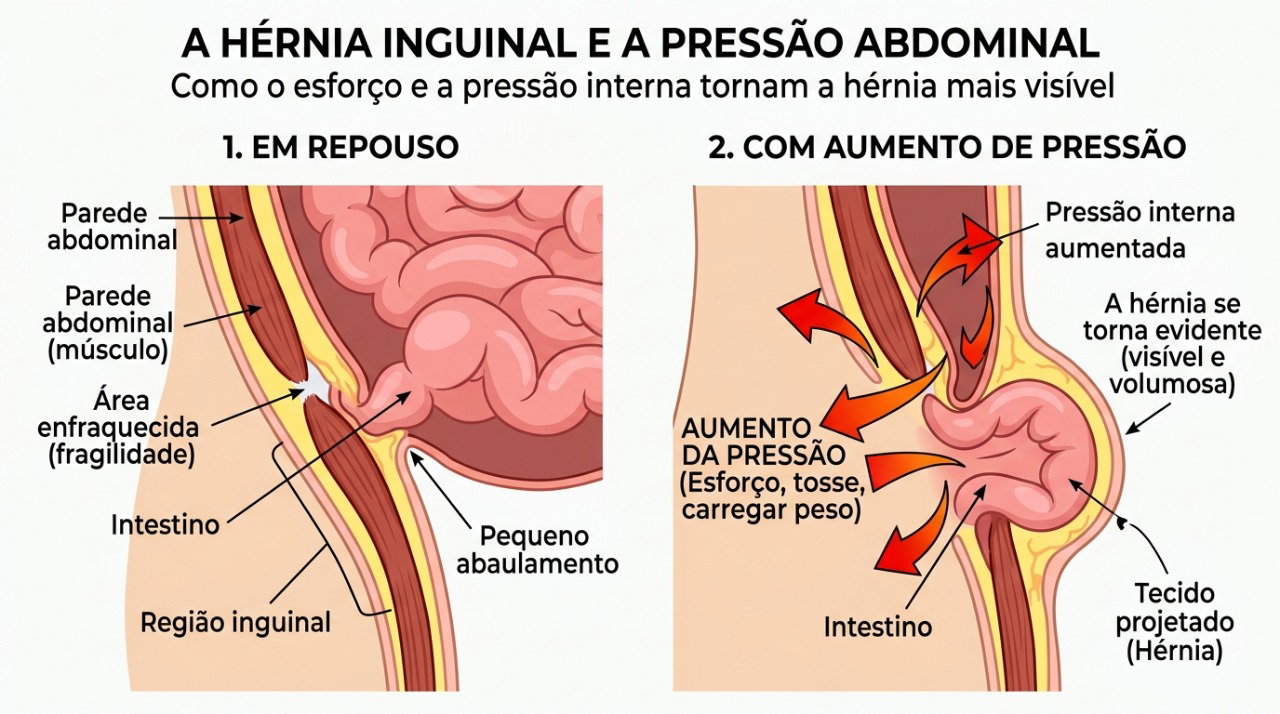 Na hérnia inguinal, um ponto fraco da parede abdominal permite a formação de um abaulamento na virilha.
