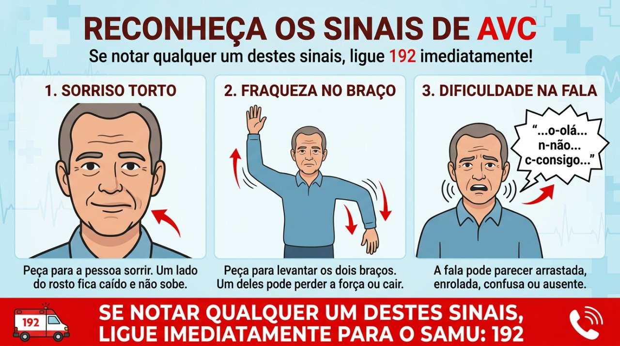 Assimetria no rosto, fraqueza em um braço e alteração súbita da fala são sinais de alerta para AVC.