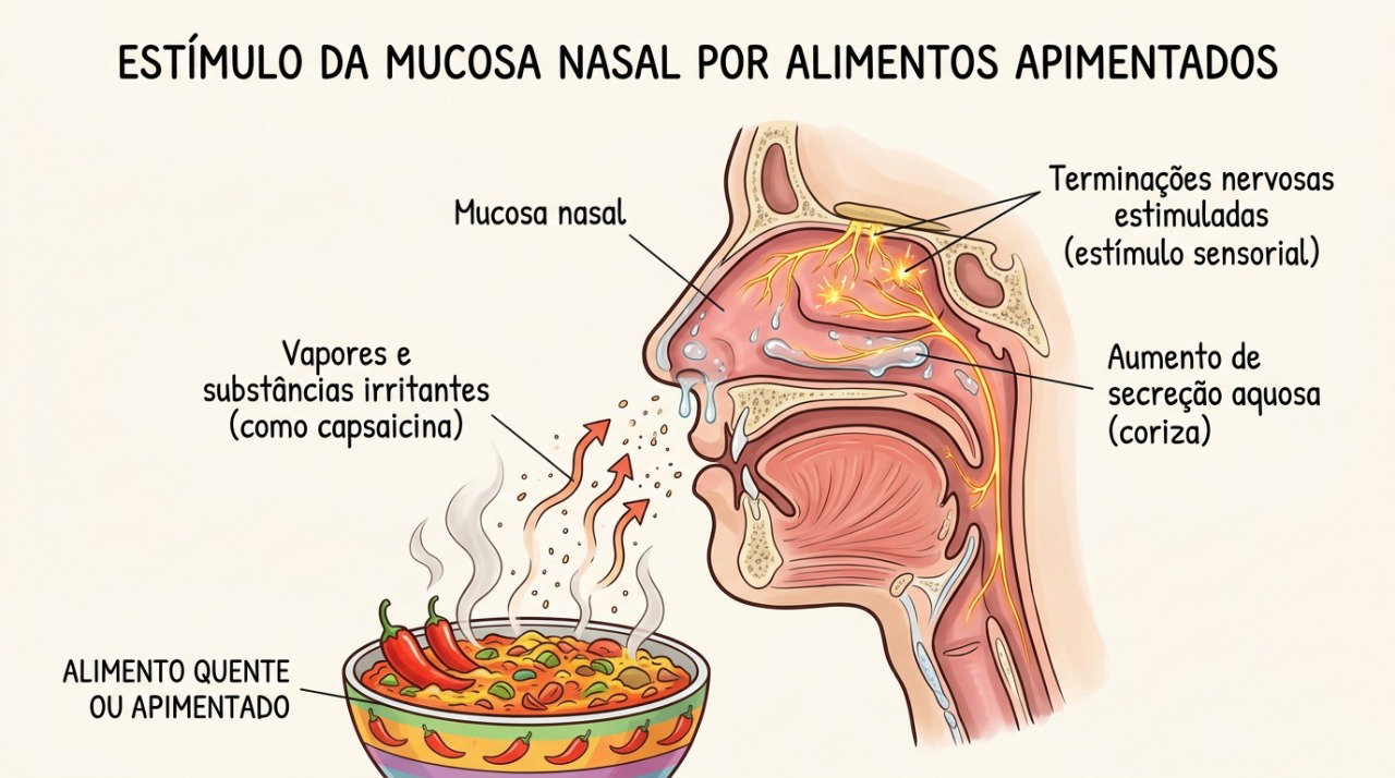 Na rinite gustativa, estímulos da refeição ativam reflexos nervosos e aumentam a secreção nasal.