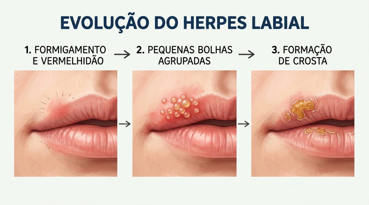 O herpes labial pode começar com formigamento e evoluir para bolhas agrupadas e crostas.