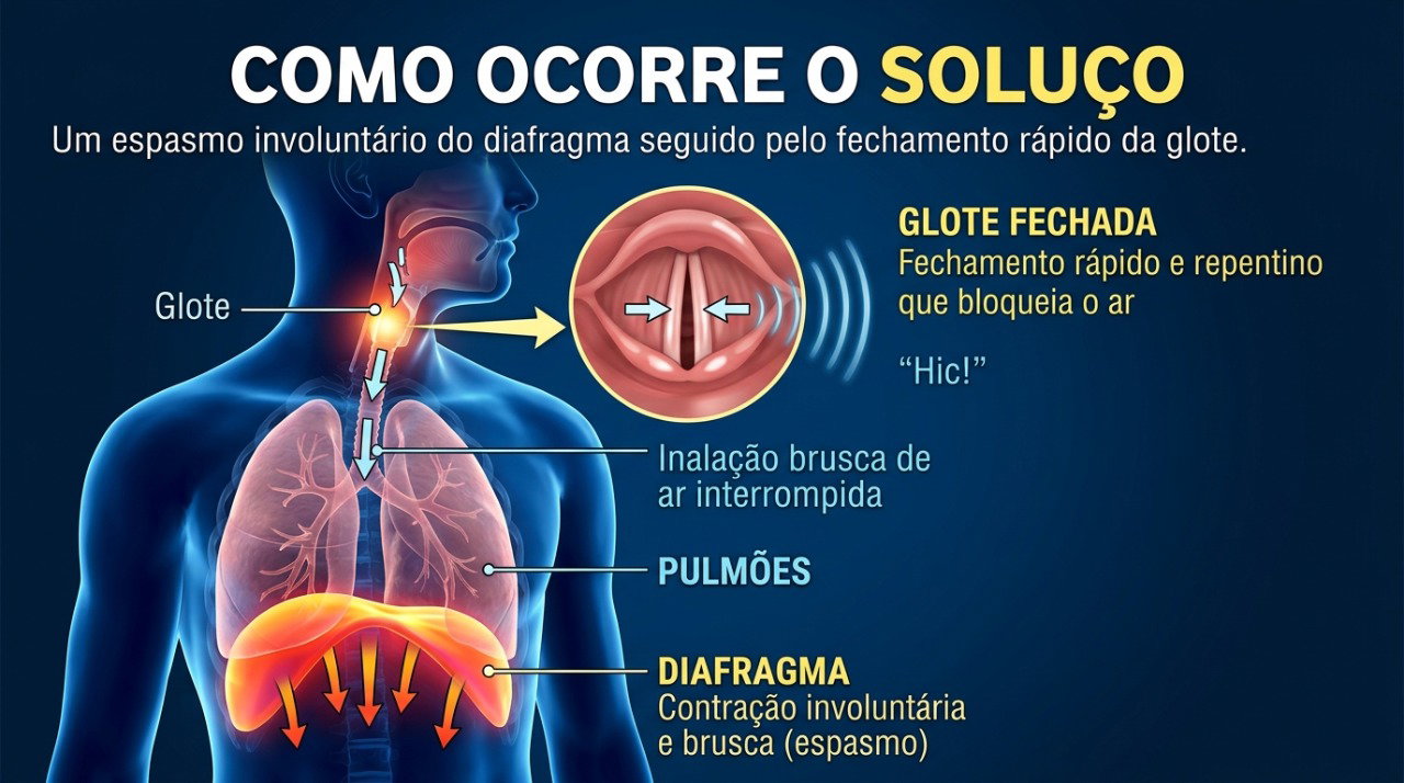 O soluço acontece quando o diafragma se contrai involuntariamente e a glote se fecha logo depois.