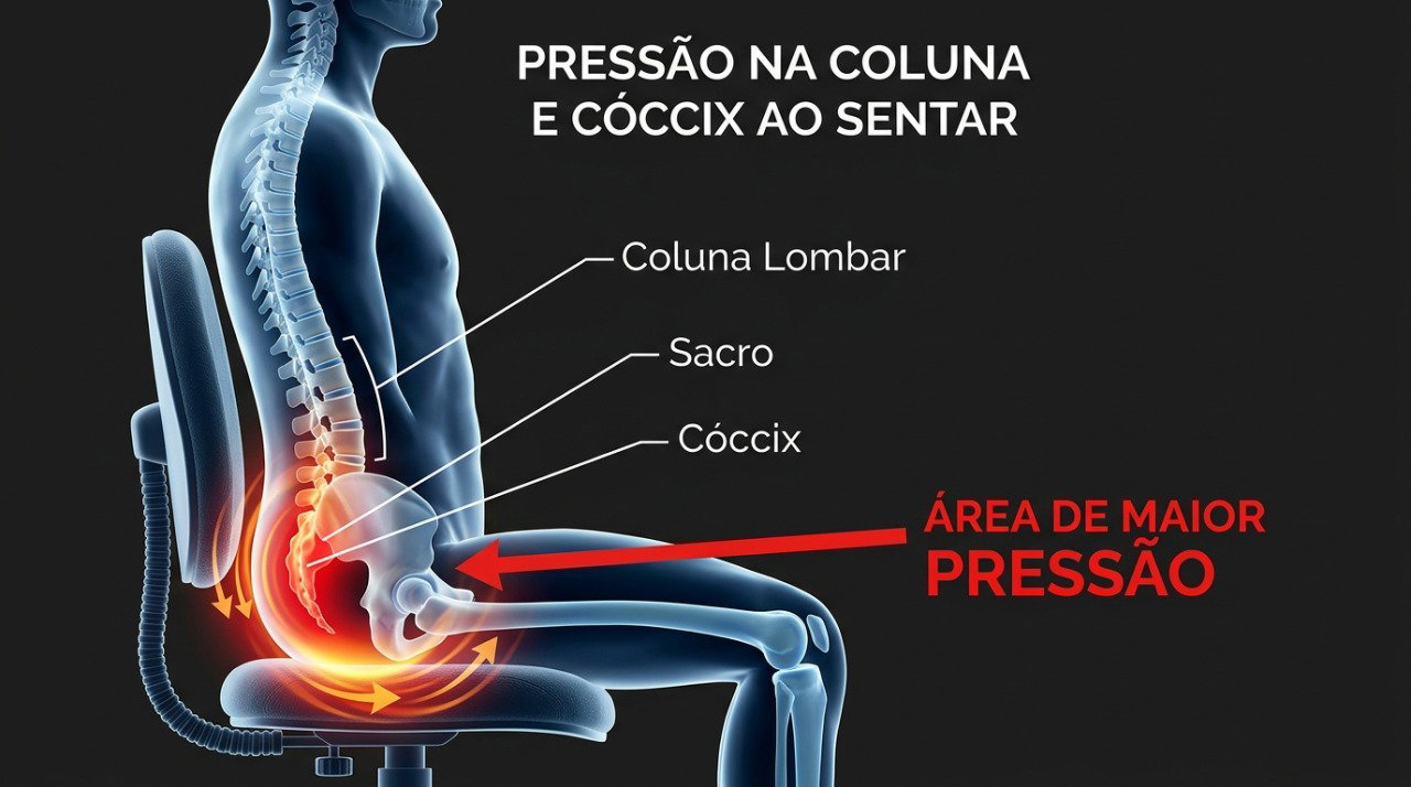 Ao sentar, o cóccix pode receber pressão direta e provocar dor quando a região está irritada.