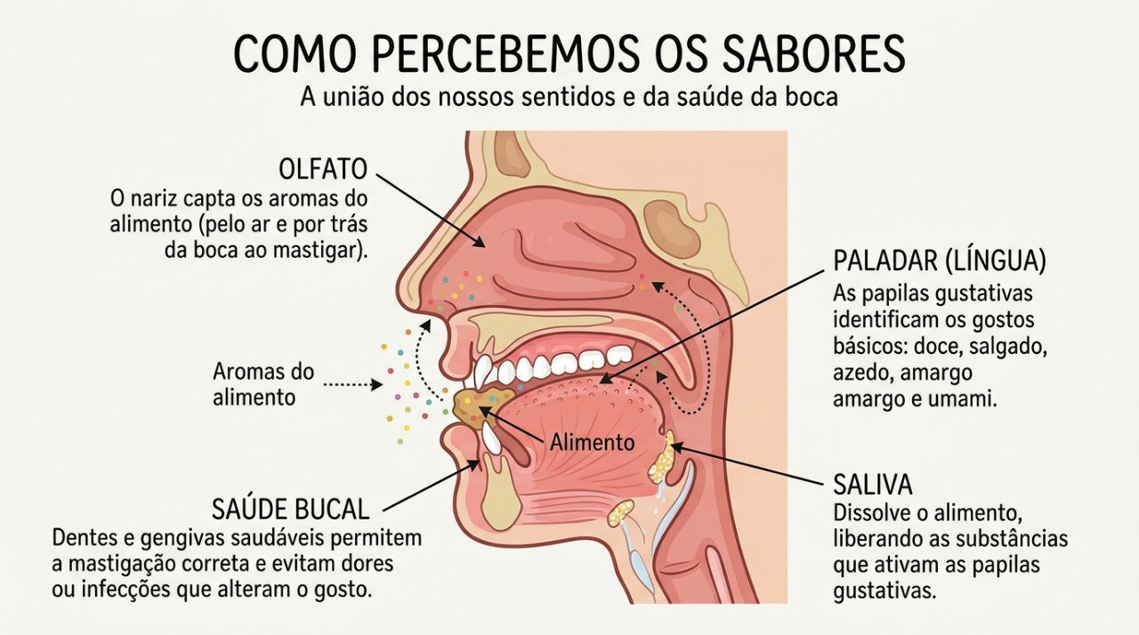 Paladar, olfato, saliva e saúde das gengivas podem influenciar a percepção de sabores na boca.