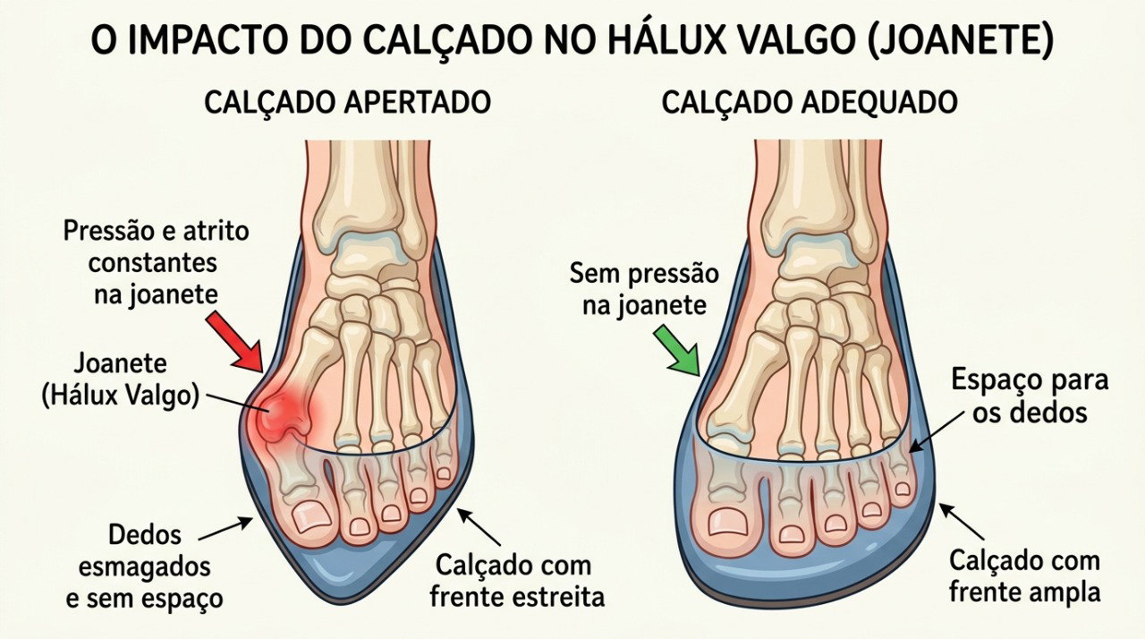 Calçados mais largos ajudam a reduzir a pressão e o atrito sobre o joanete.
