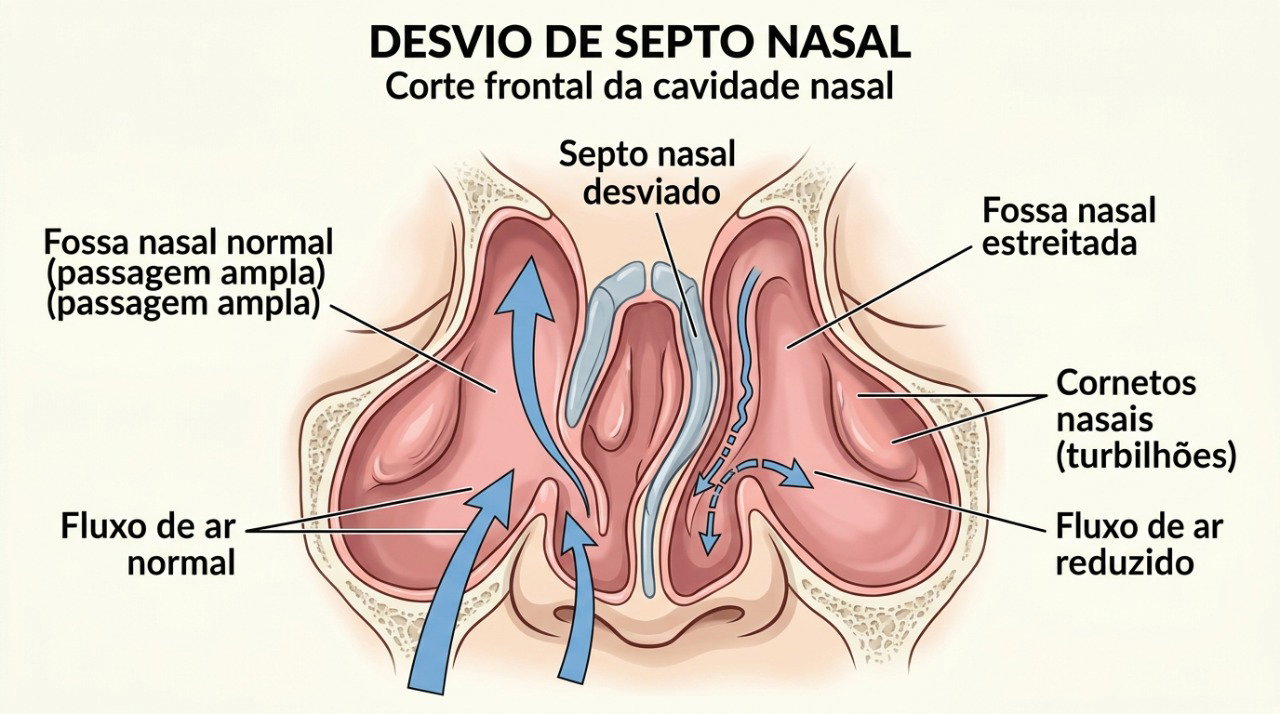 O desvio do septo pode deixar uma das passagens nasais mais estreita e dificultar a respiração de um lado.