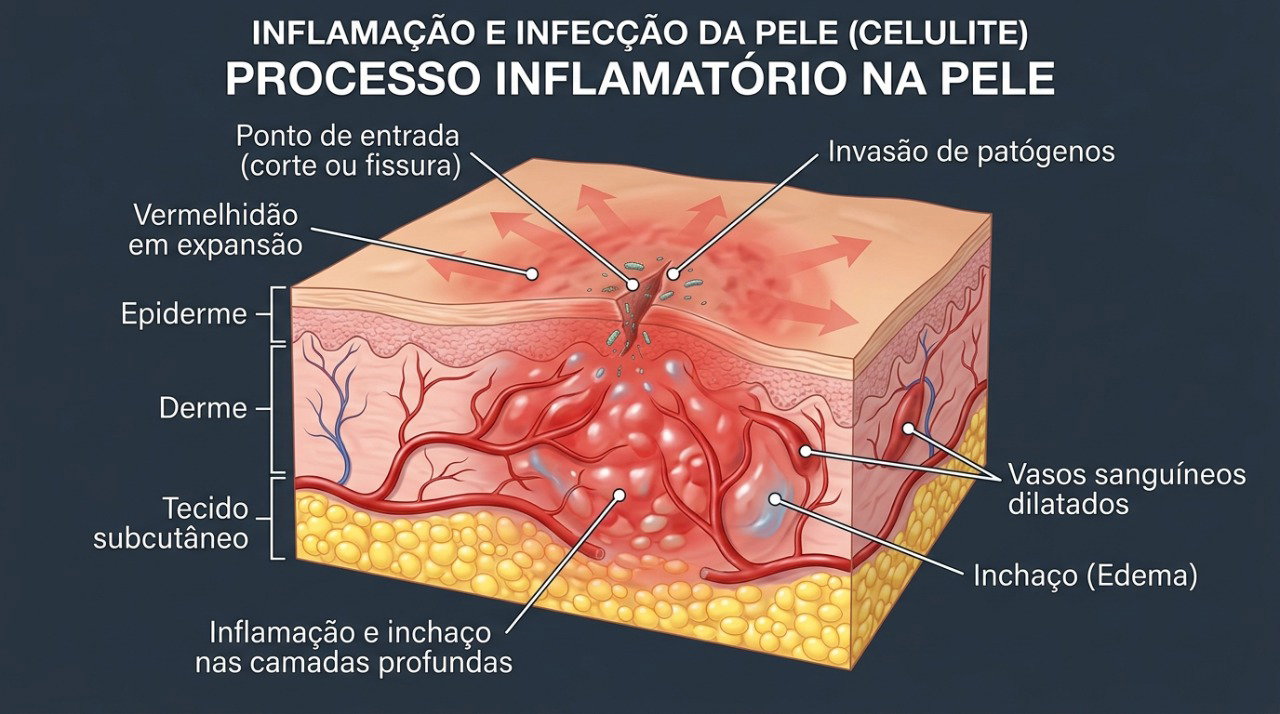 Na celulite infecciosa, bactérias podem entrar por pequenas lesões e causar vermelhidão, calor e inchaço progressivos.