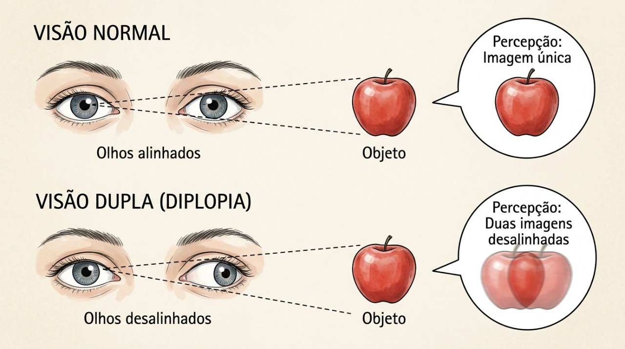 A forma como a imagem duplica pode ajudar a diferenciar os tipos de diplopia.