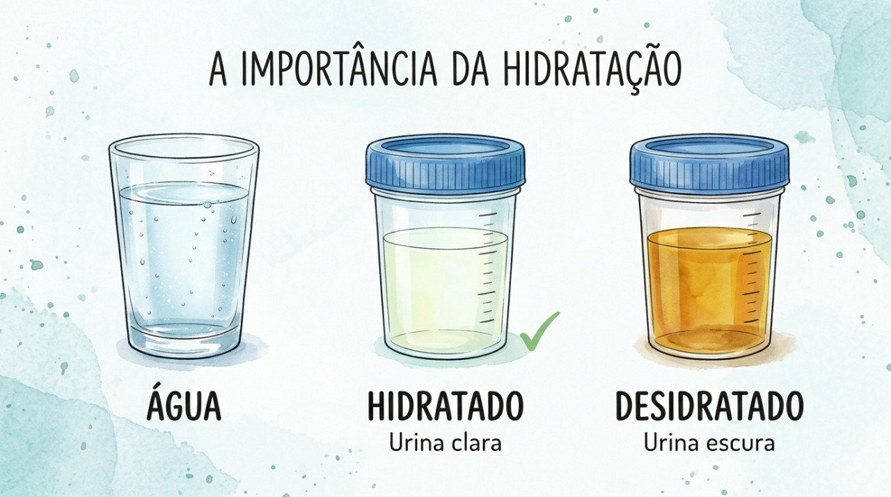 A hidratação adequada costuma deixar a urina mais clara e menos concentrada.