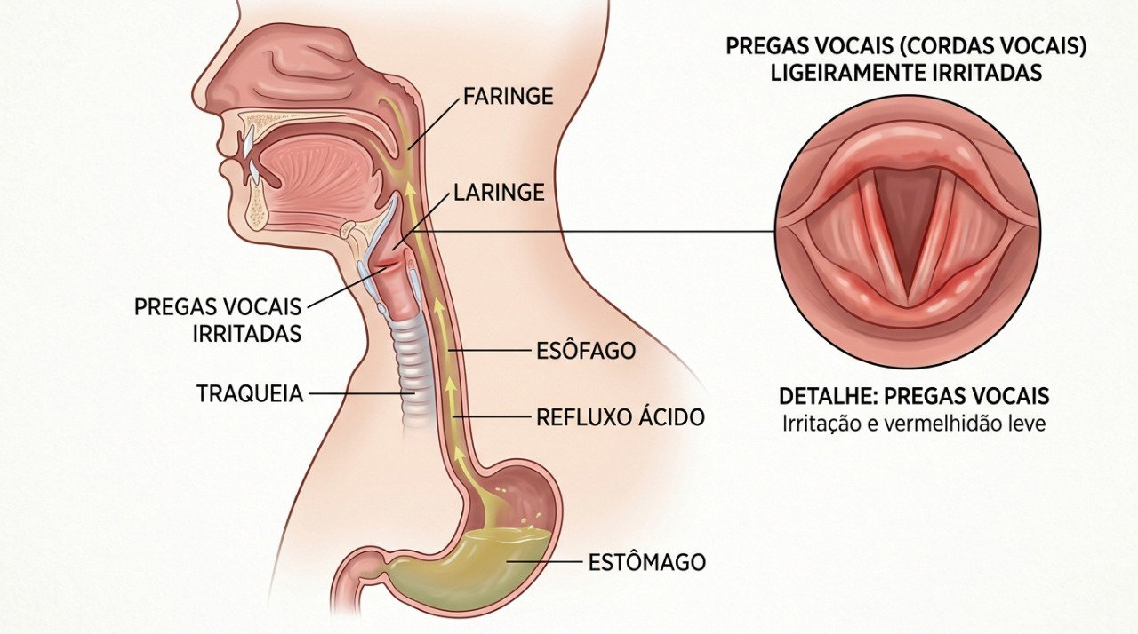 Refluxo, alergias e ressecamento podem irritar as cordas vocais e favorecer rouquidão pela manhã.