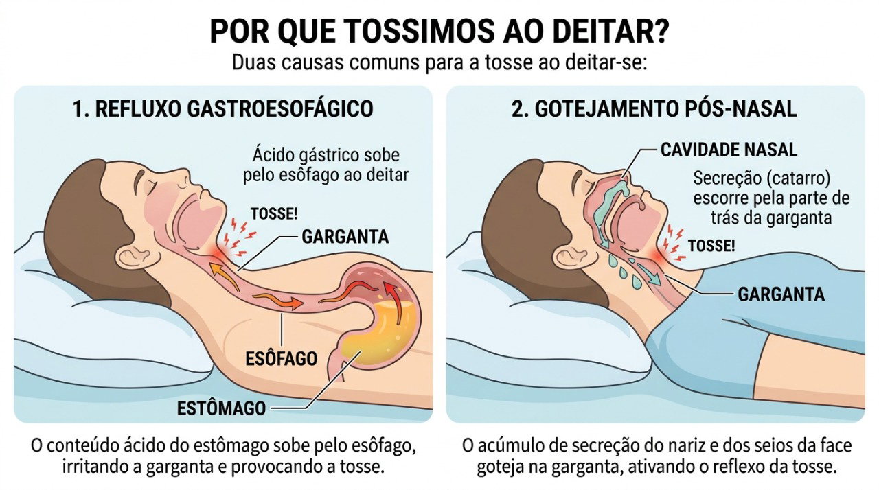 Refluxo e secreção nasal podem irritar a garganta e estimular a tosse quando a pessoa se deita.