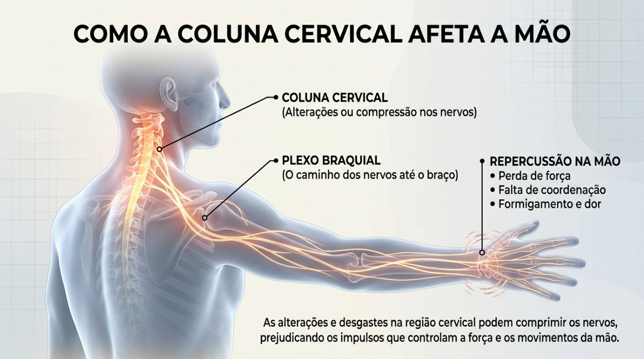 Alterações nos nervos ou na coluna cervical podem causar fraqueza, formigamento e perda de destreza nas mãos.