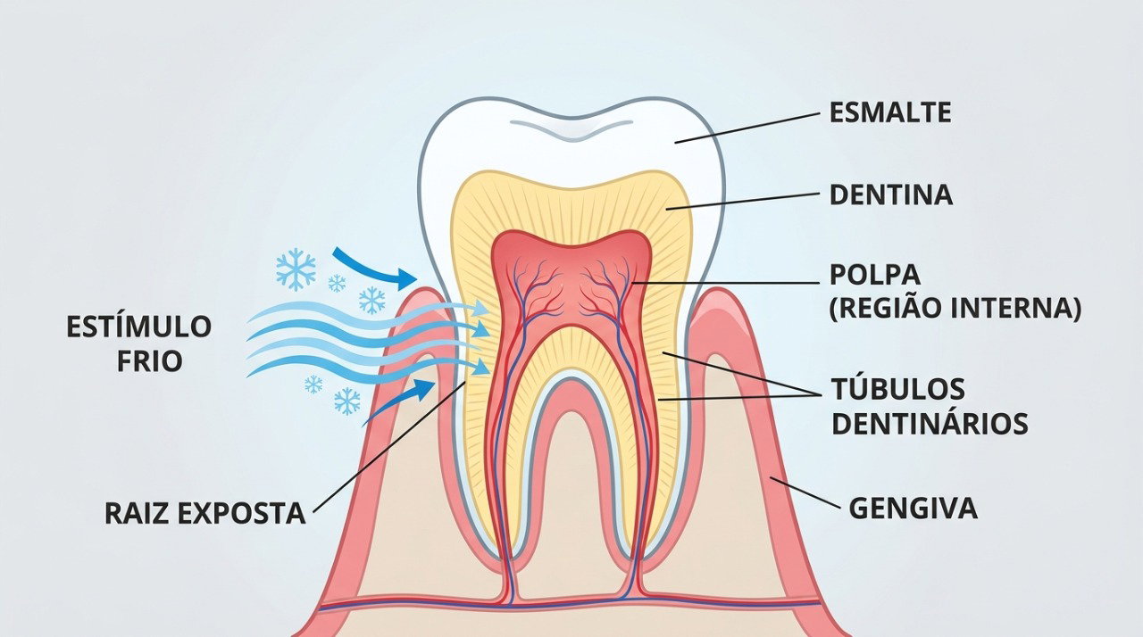 Dentina exposta pode transmitir estímulos de frio para regiões mais internas do dente e provocar dor.