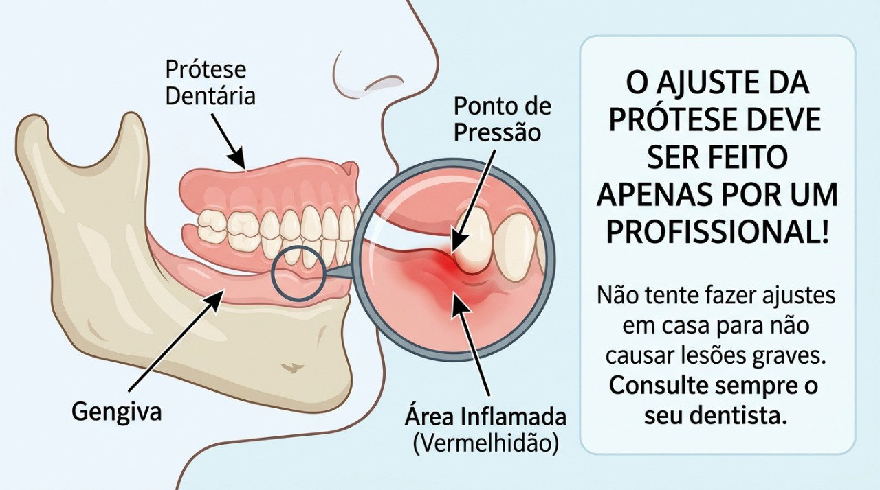 Pontos de pressão da prótese podem irritar a gengiva e precisam de avaliação para ajuste correto.