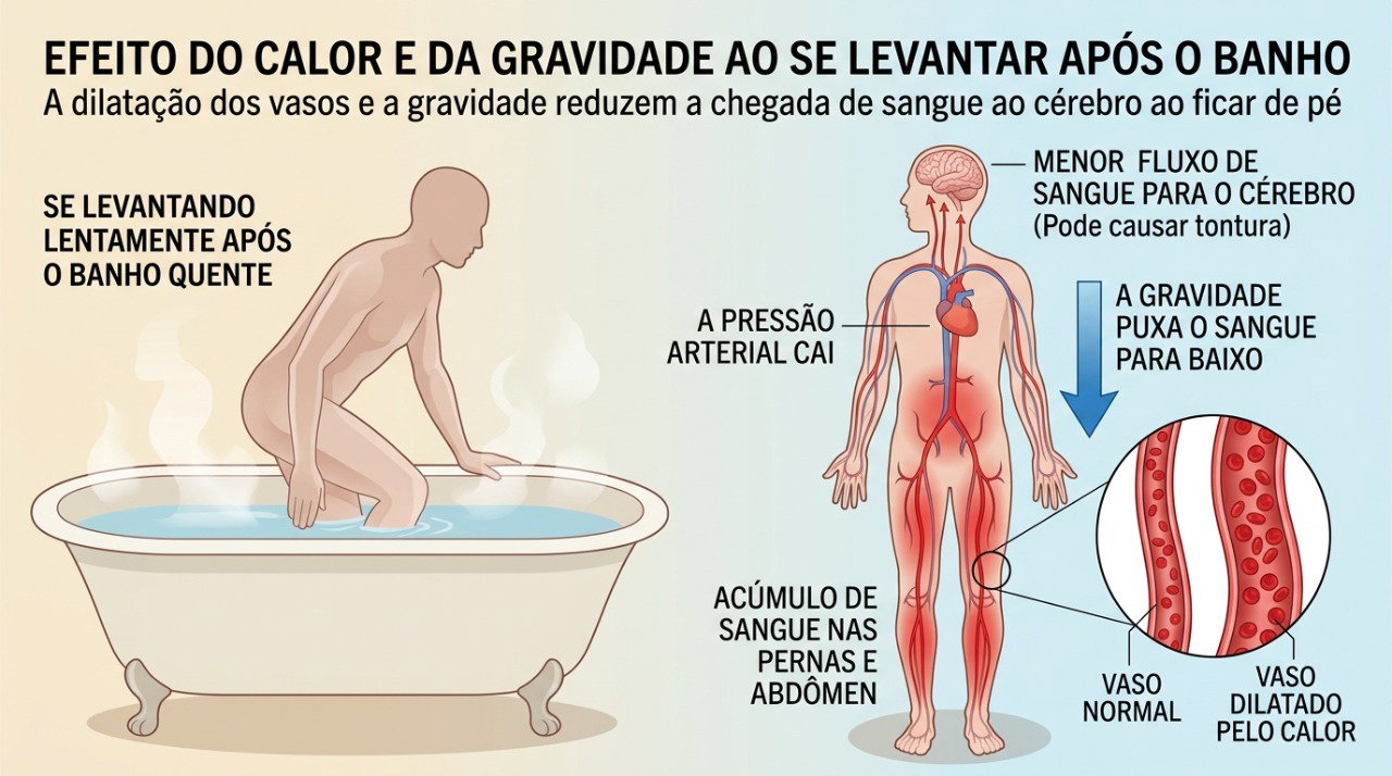 Levantar rapidamente após um banho quente pode aumentar a tontura causada pela queda da pressão.
