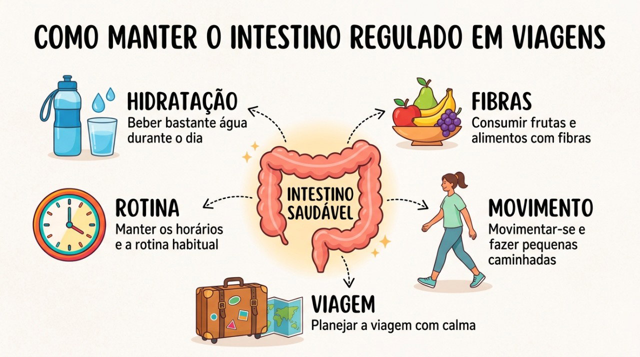 Beber água, consumir fibras, caminhar e não segurar a vontade de evacuar podem ajudar o intestino durante a viagem.