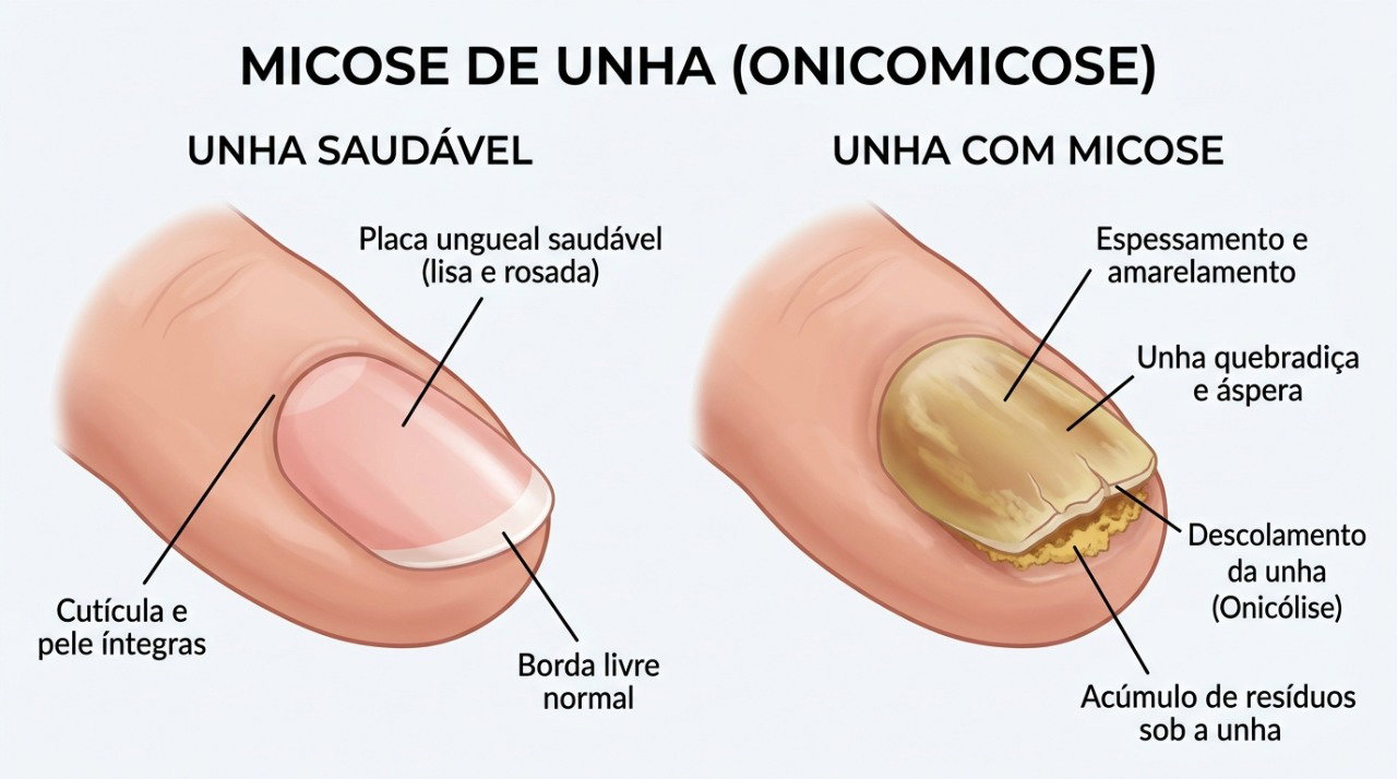 Micose pode alterar a cor, a espessura e a aderência da unha, mas o diagnóstico deve ser confirmado.
