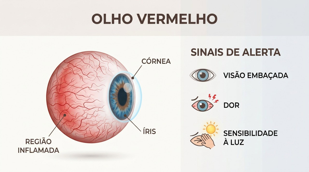 Dor intensa, visão alterada e incômodo com a luz são sinais de alerta junto com olho vermelho.