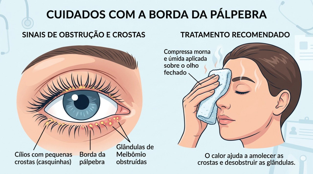 Compressas mornas e higiene suave podem ajudar a amolecer crostas e reduzir a irritação das pálpebras.