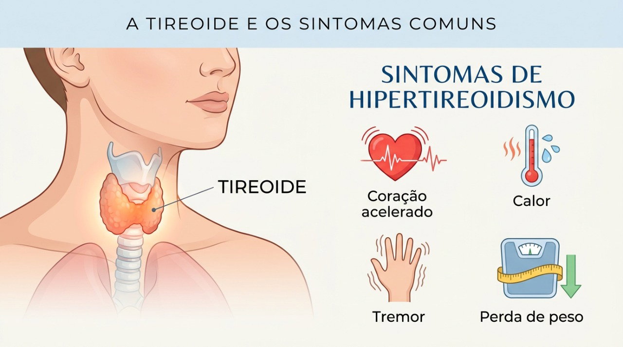 O excesso de hormônios da tireoide pode acelerar o metabolismo e aumentar os batimentos cardíacos.