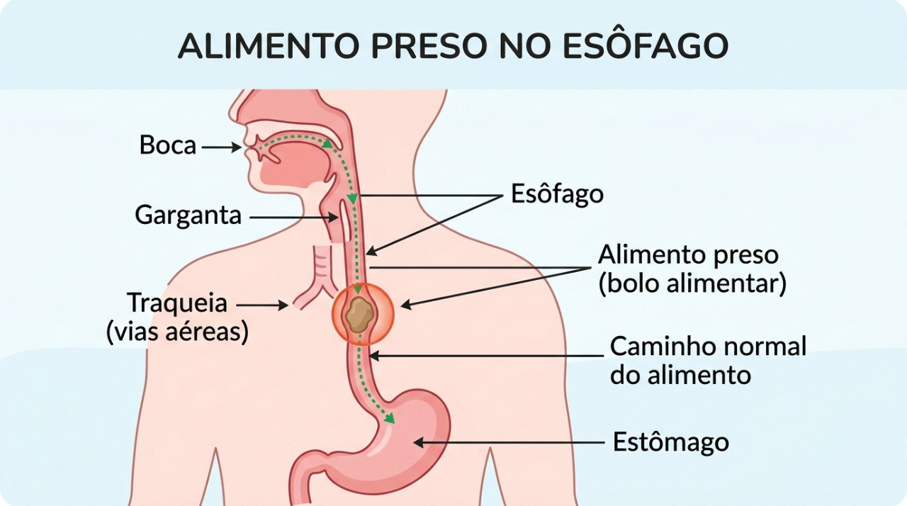 A disfagia pode dificultar a passagem do alimento pelo esôfago e causar sensação de comida entalada.