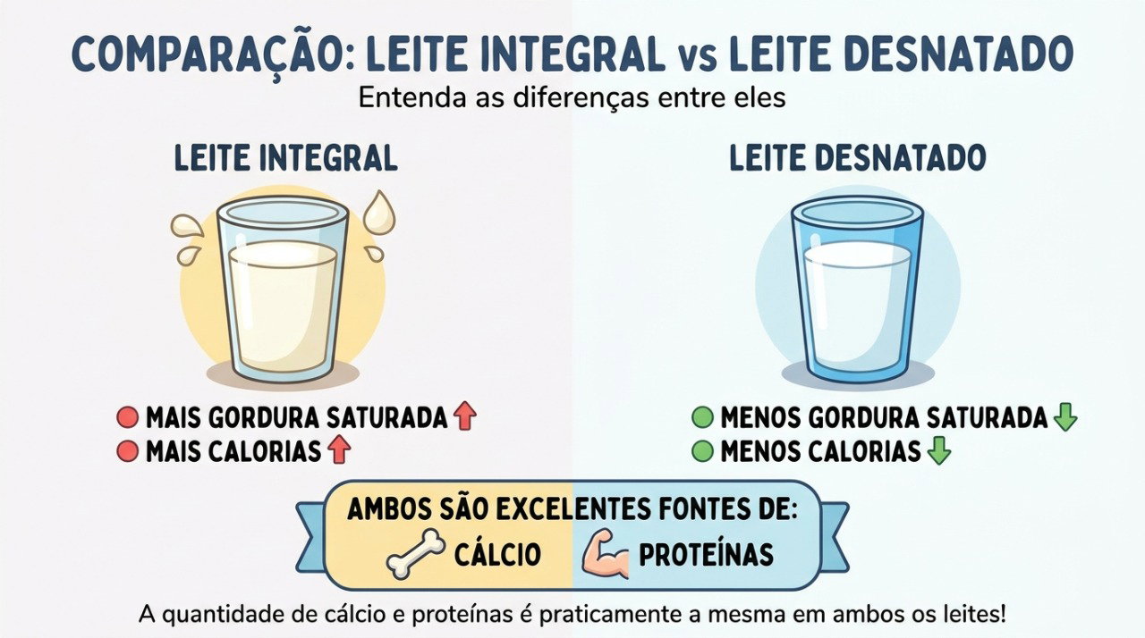 O leite desnatado mantém nutrientes importantes e fornece menos gordura saturada que o integral.