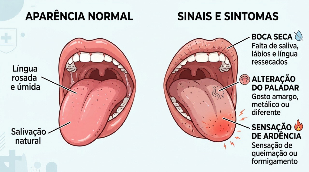 Boca seca, alterações nos nervos e deficiências nutricionais estão entre as possíveis causas de ardência na língua.