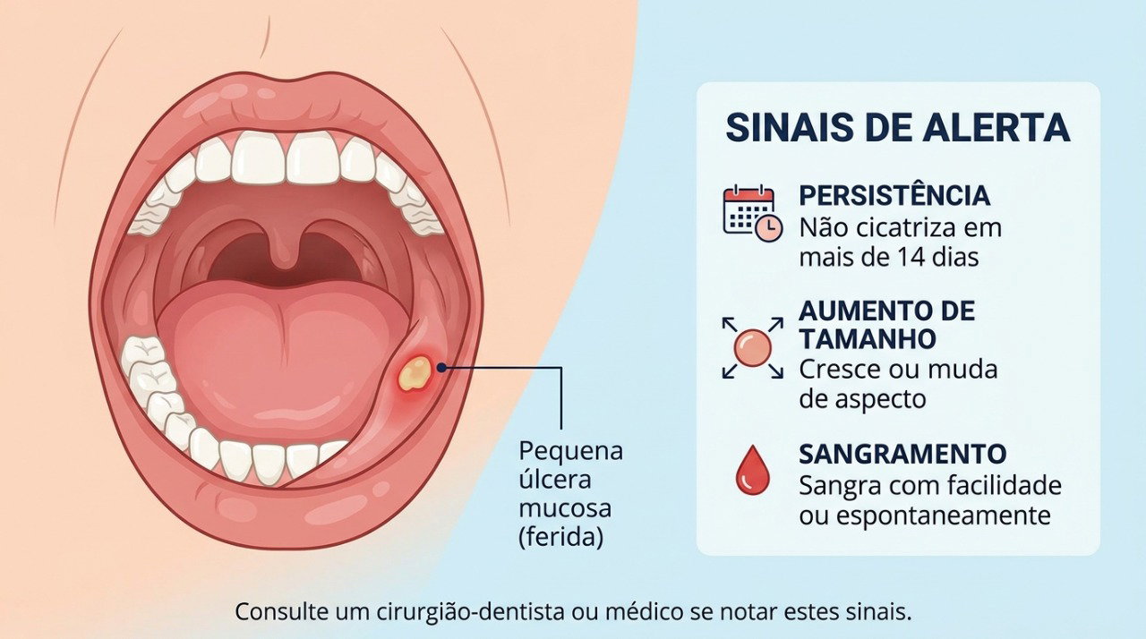 Feridas na boca que duram mais de três semanas ou mudam de aspecto precisam de avaliação.