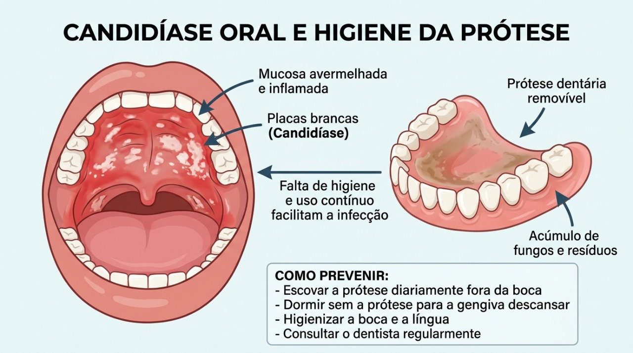Na candidíase oral, placas brancas podem surgir sobre áreas avermelhadas e causar ardor ou desconforto.