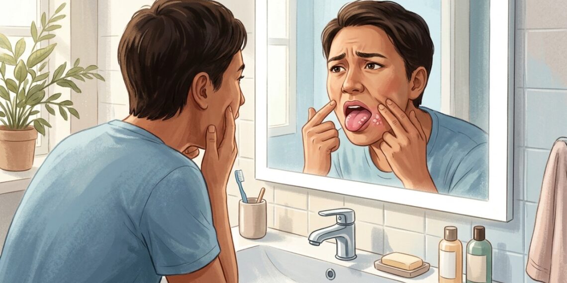 Placas brancas na boca podem aparecer em casos de candidíase oral, especialmente após antibióticos ou com uso de dentadura.