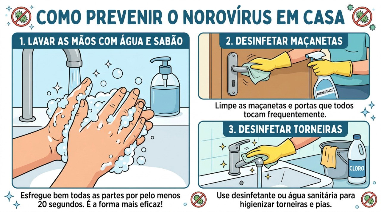 Lavar as mãos com água e sabão e desinfetar superfícies ajuda a reduzir a transmissão do norovírus.
