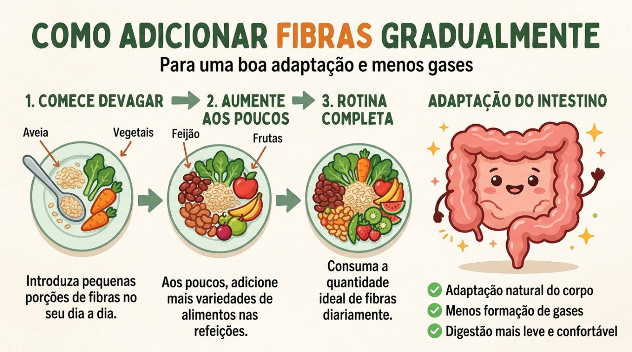 Adicionar fibras aos poucos e manter boa hidratação pode tornar a adaptação intestinal mais confortável.