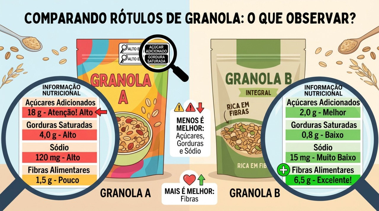 Comparar os nutrientes por 100 g facilita identificar diferenças entre marcas de granola.