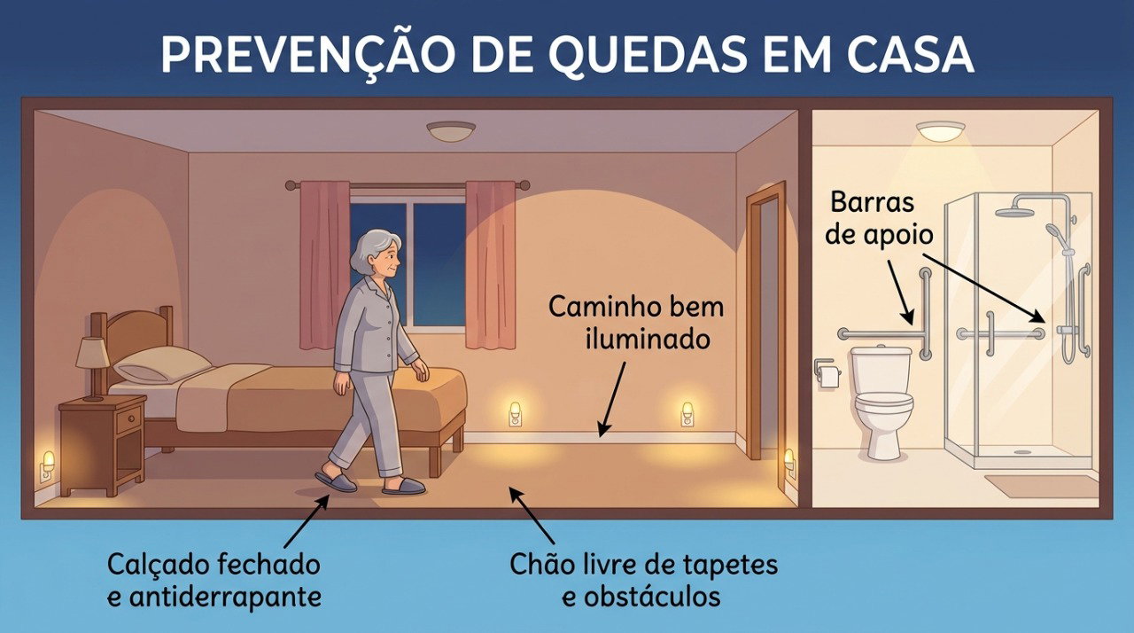 Iluminação adequada e revisão dos medicamentos ajudam a reduzir o risco de quedas durante a noite.