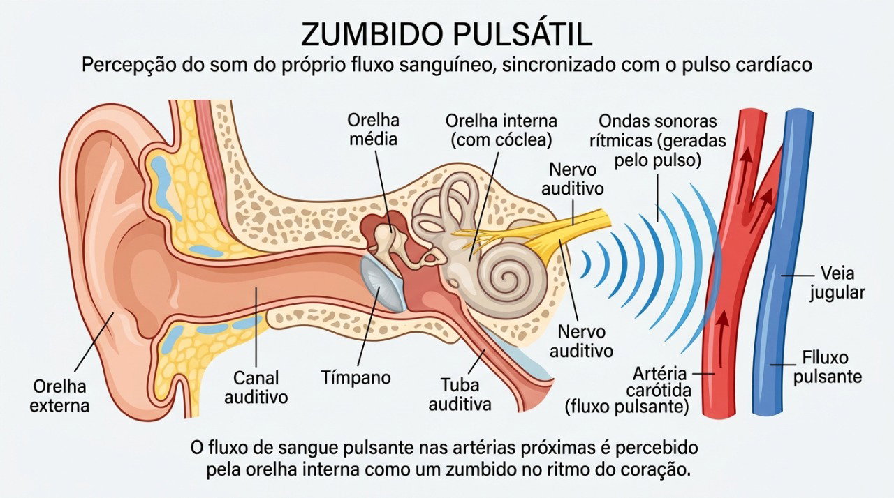 O zumbido pulsátil pode estar relacionado a alterações no fluxo sanguíneo próximo ao ouvido.