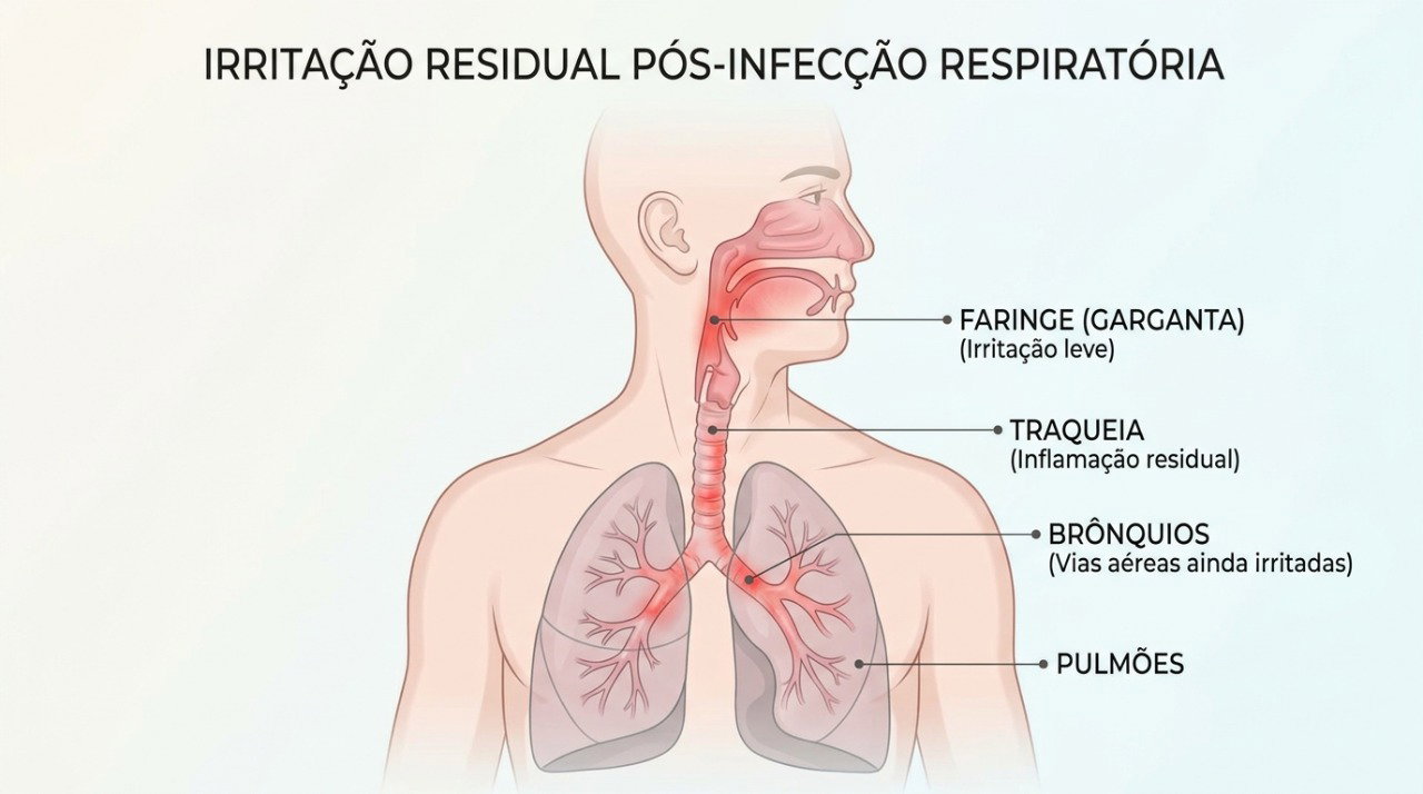 A irritação residual das vias respiratórias pode manter o reflexo da tosse após o resfriado.