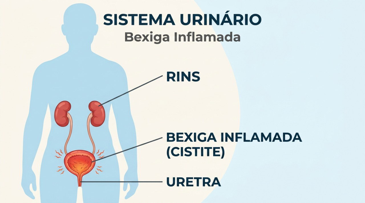 A inflamação da bexiga pode causar ardor, urgência e aumento da frequência urinária.