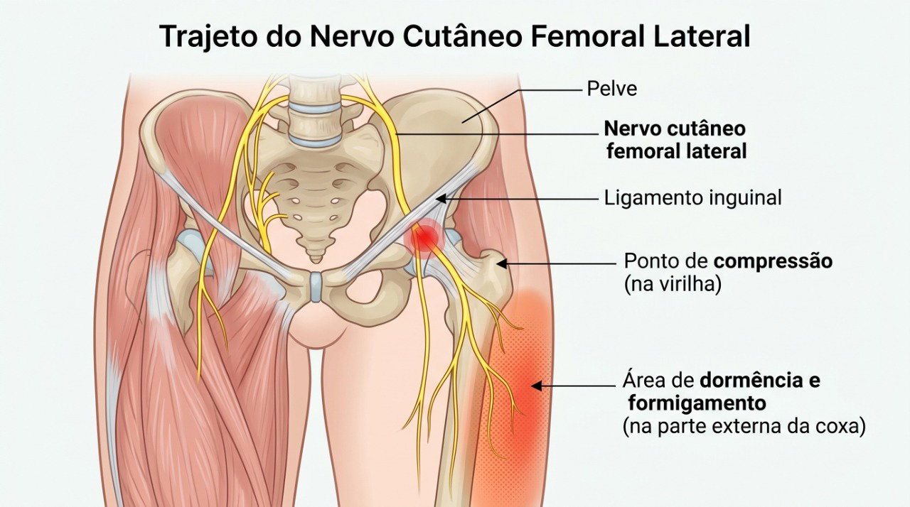 Na meralgia parestésica, a compressão do nervo pode causar formigamento, queimação e perda de sensibilidade na coxa.