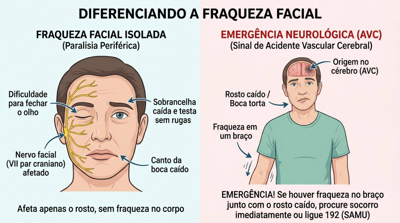 Fraqueza facial associada a alteração no braço ou na fala exige atendimento de emergência.