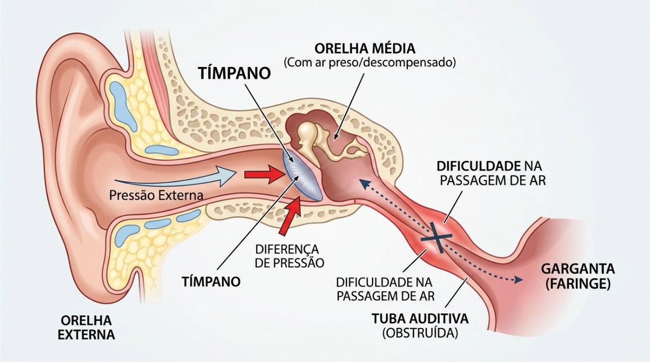 A tuba auditiva ajuda a equilibrar a pressão entre o ouvido médio e o ambiente.
