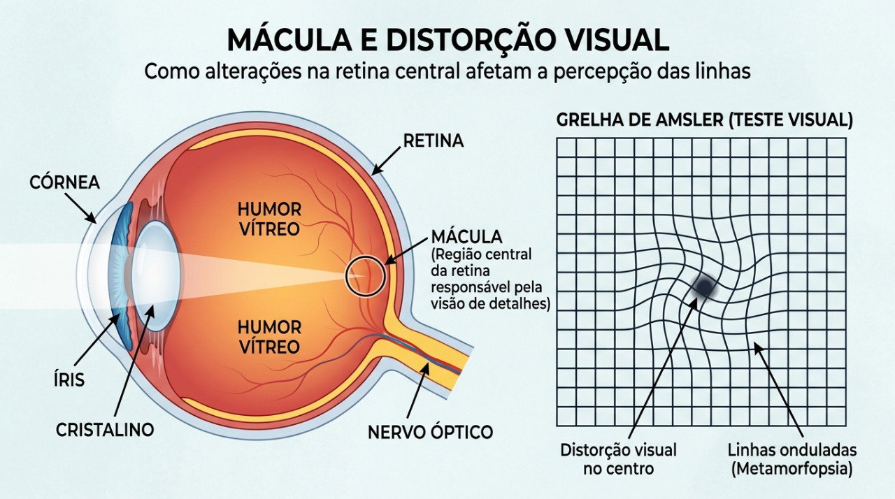 Alterações na mácula podem distorcer linhas retas e comprometer a visão de detalhes.