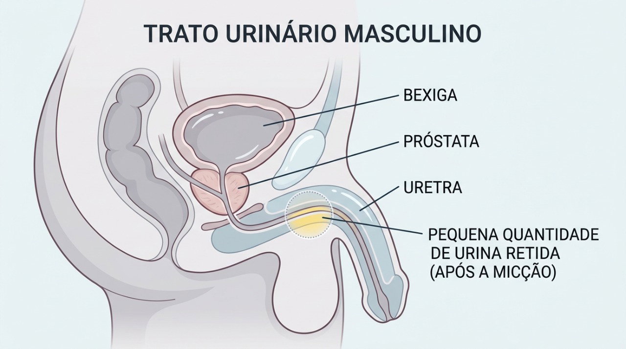 O gotejamento pós-miccional pode ocorrer quando uma pequena quantidade de urina permanece na uretra.
