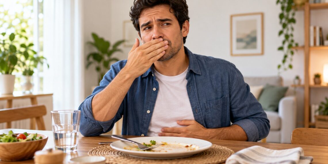 Arrotos após as refeições podem aumentar quando a pessoa engole mais ar ao comer.