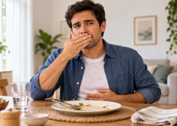 Arrotos após as refeições podem aumentar quando a pessoa engole mais ar ao comer.
