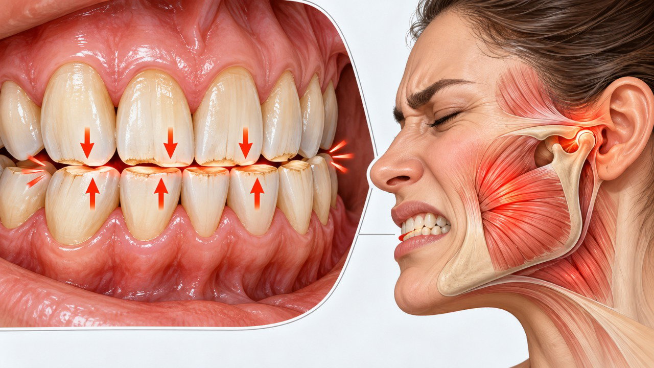 O bruxismo pode causar desgaste nos dentes e sobrecarga dos músculos da mandíbula.