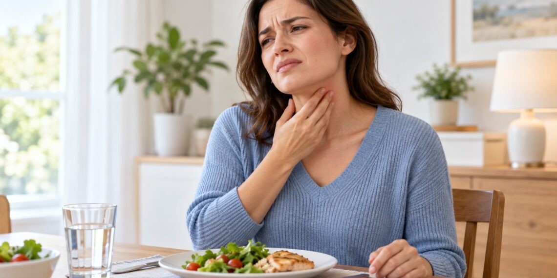 Inchaço e dor abaixo da mandíbula ao comer podem estar ligados a uma obstrução da saliva.