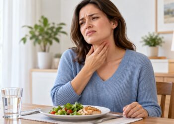 Inchaço e dor abaixo da mandíbula ao comer podem estar ligados a uma obstrução da saliva.