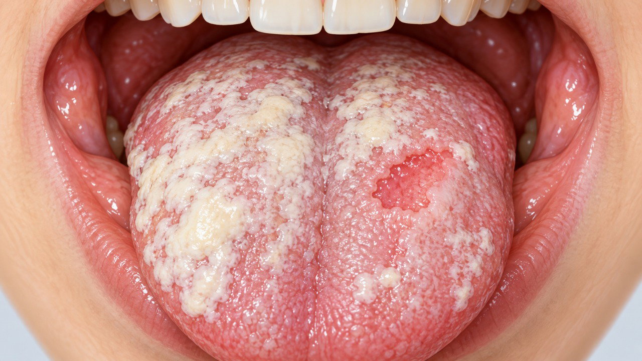 Na candidíase oral, as placas podem se desprender e deixar a mucosa vermelha e sensível.